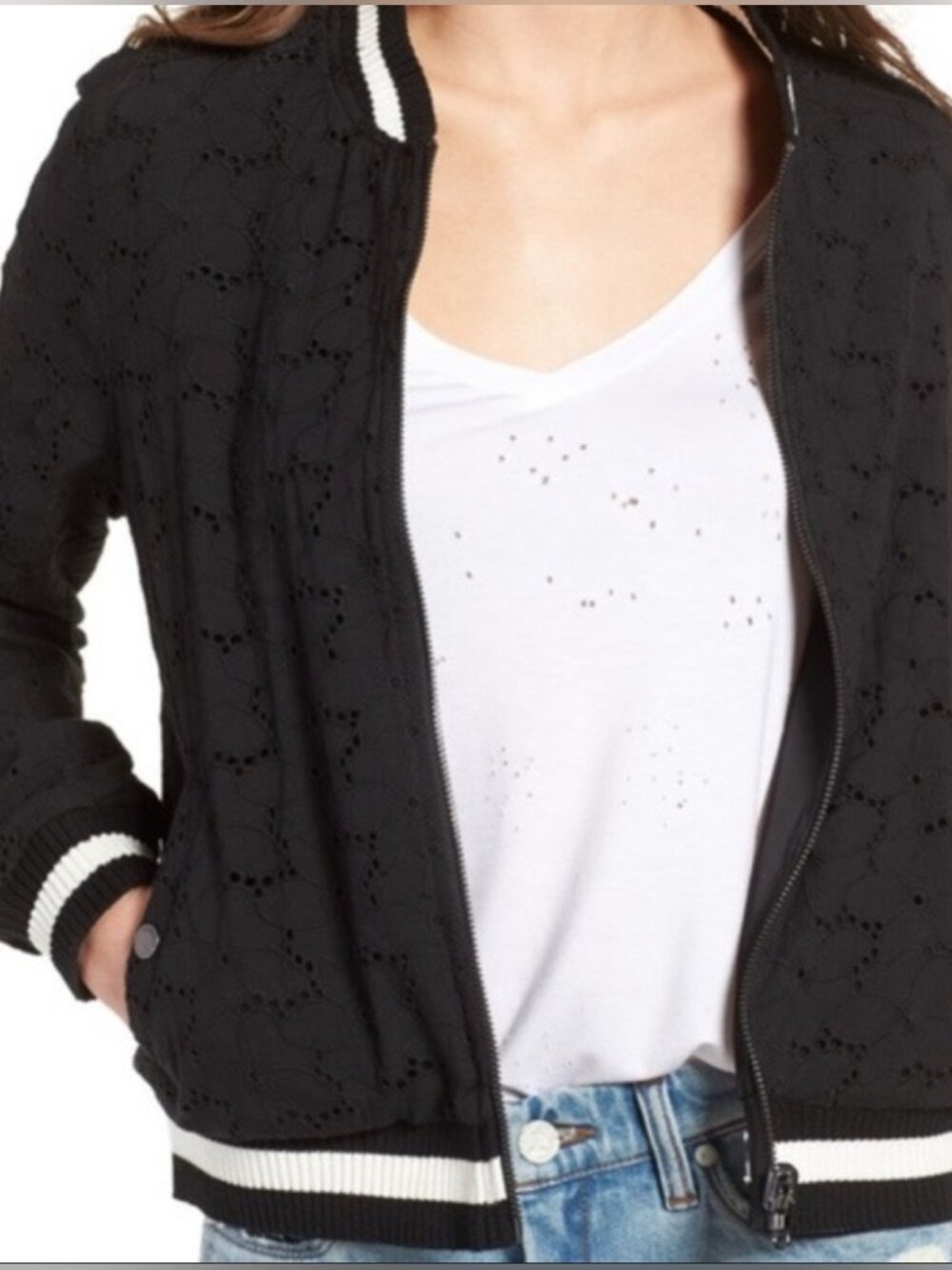**BLANKNYC Reversible Black Floral Eyelet Bomber Jacket — Small**